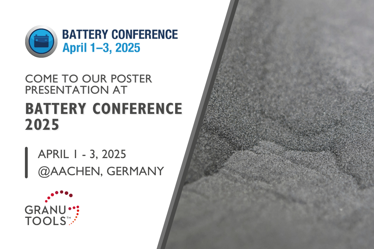 banner of Granutools to share that Granutools will attend Battery Conference 2025 from April 1-3 in Aachen, Germany